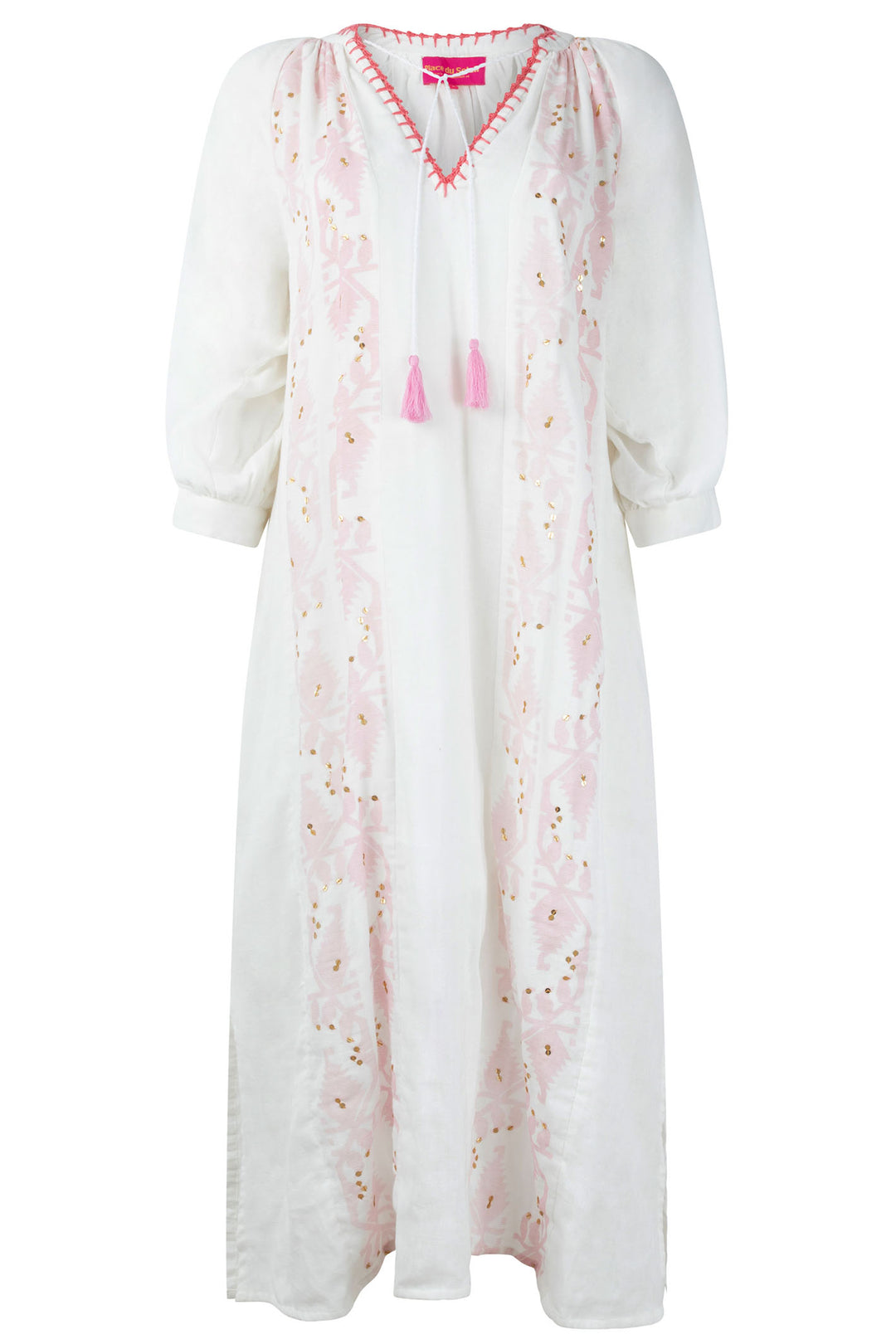 Place du Soleil 306 White Pink Ikat Print Long Dress - Dotique