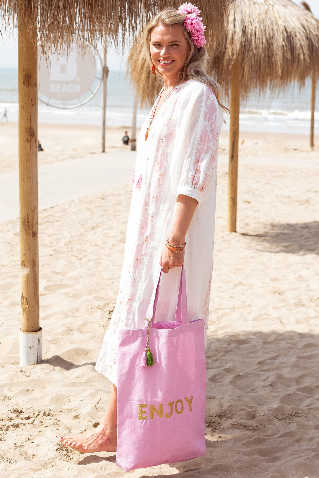 Place du Soleil 306 White Pink Ikat Print Long Dress - Dotique