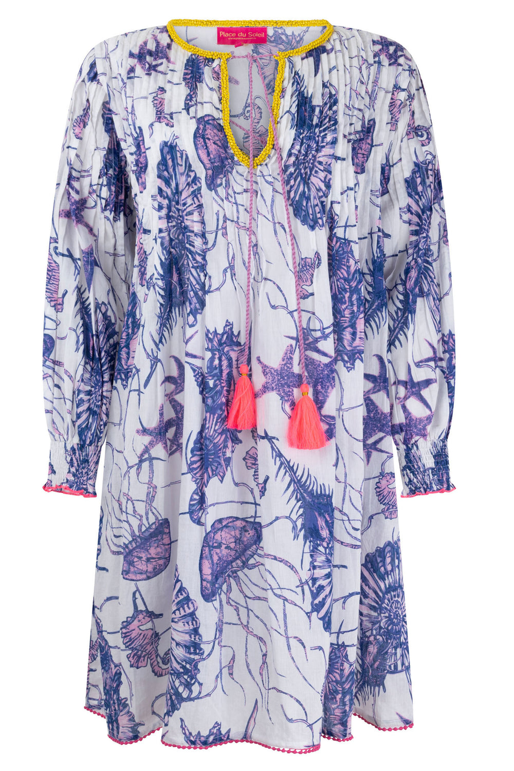 Place Du Soleil 428 White Purple Seaworld Print Cotton Short Dress - Dotique