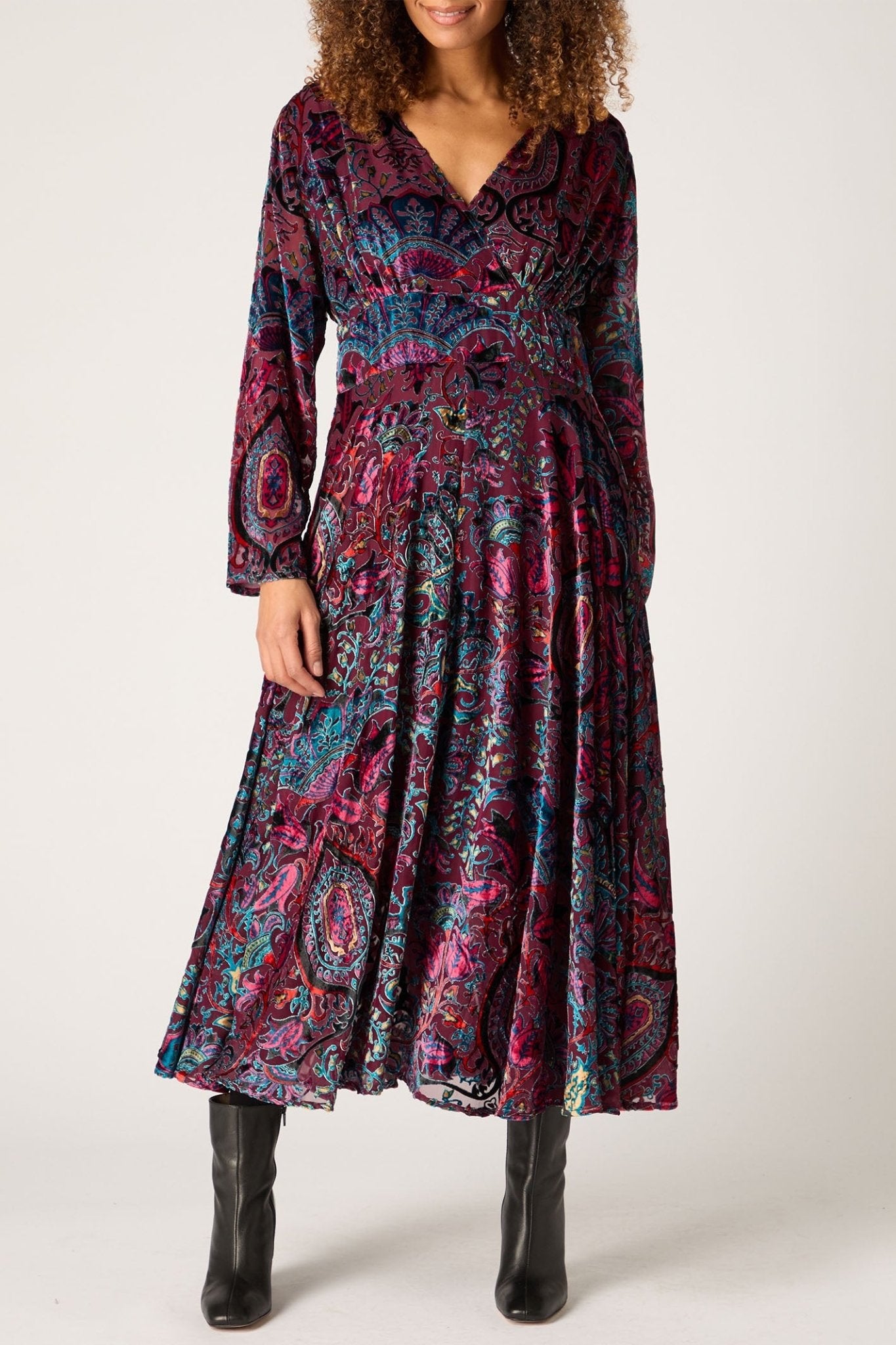 Sahara GRD6069-Wpd Mauve Multi Winter Paisley Devore Flared Dress Dotique Sahara GRD6069-Wpd Mauve Multi Winter Paisley Devore Flared Dress Dotique