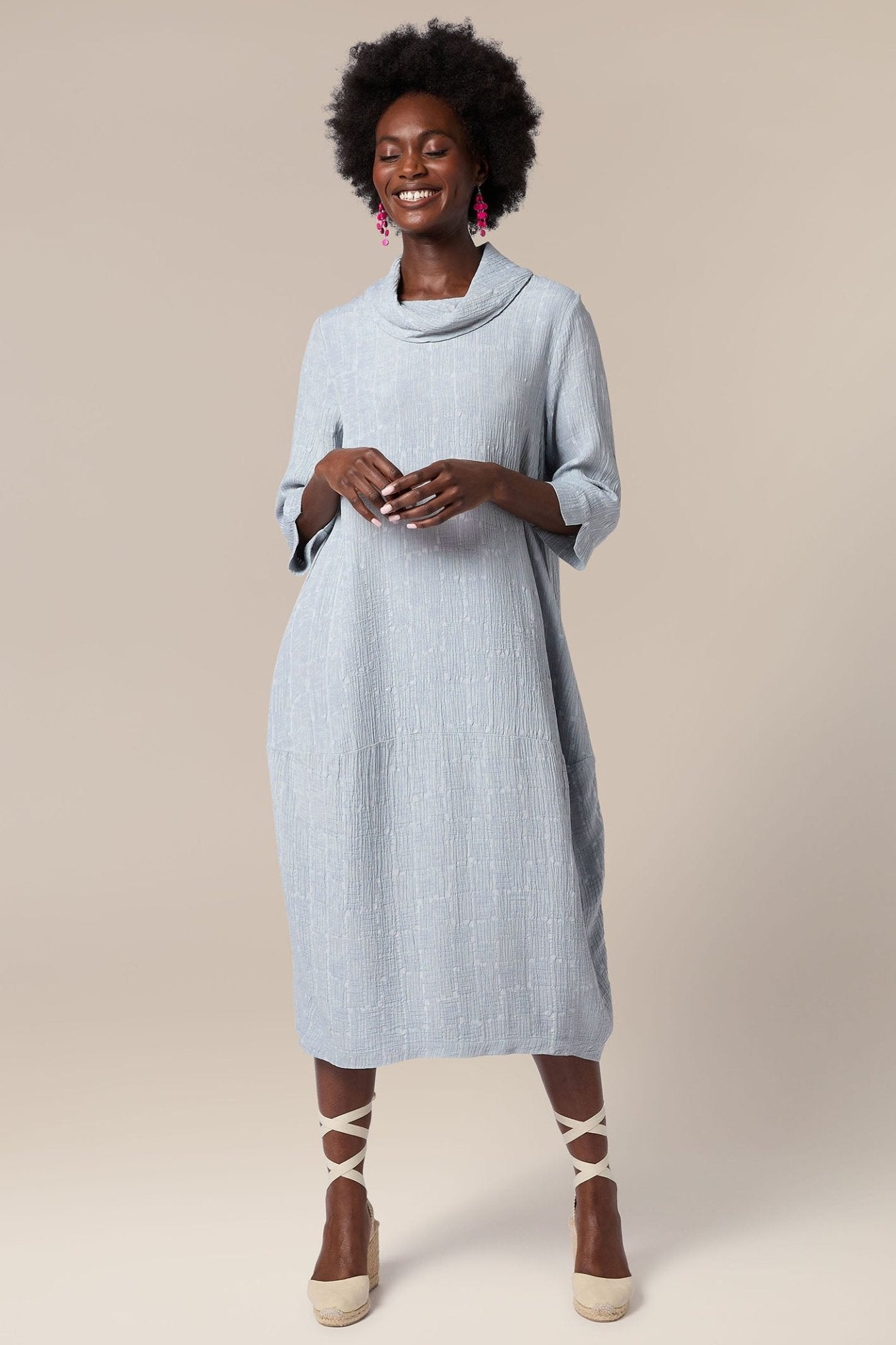 Sahara MTD5292-TSJ Sea Blue Textured Square Jacquard Cowl Dress - Dotique