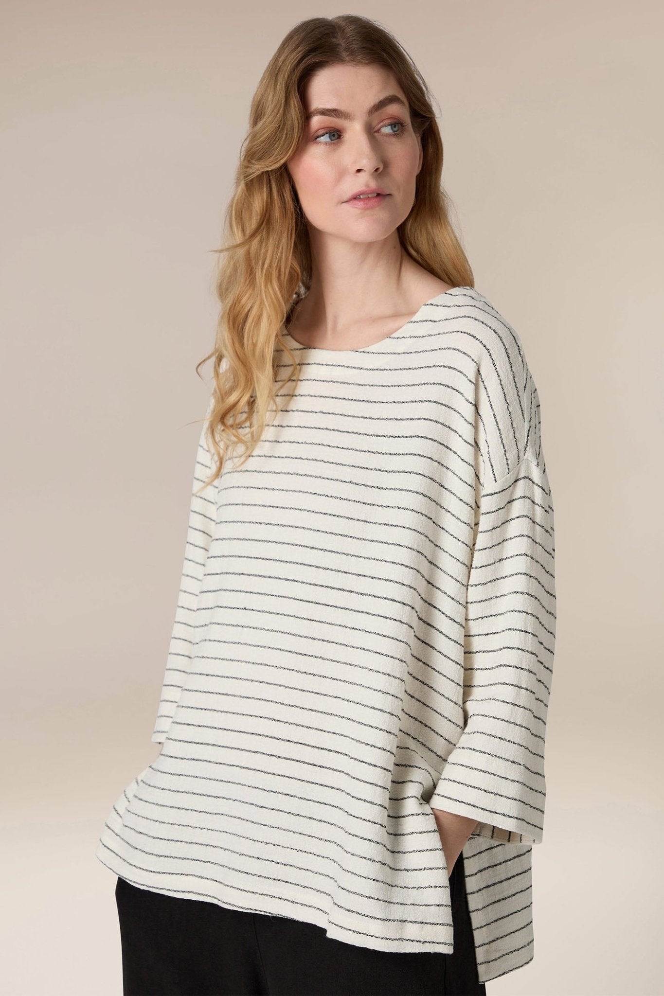 Sahara SPT5650-LIVS Ivory Black Stripe Linen Viscose Top - Dotique