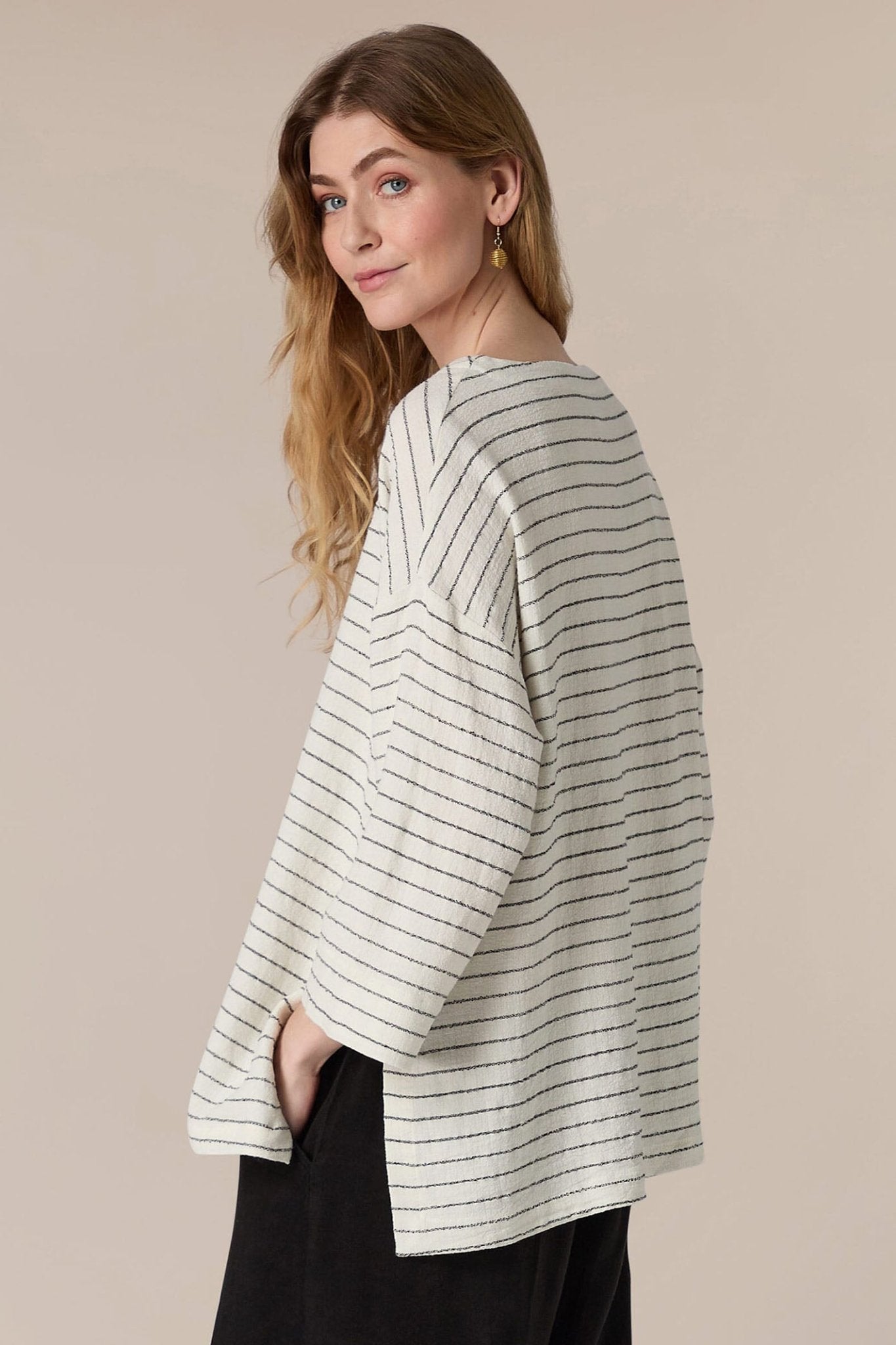 Sahara SPT5650-LIVS Ivory Black Stripe Linen Viscose Top - Dotique