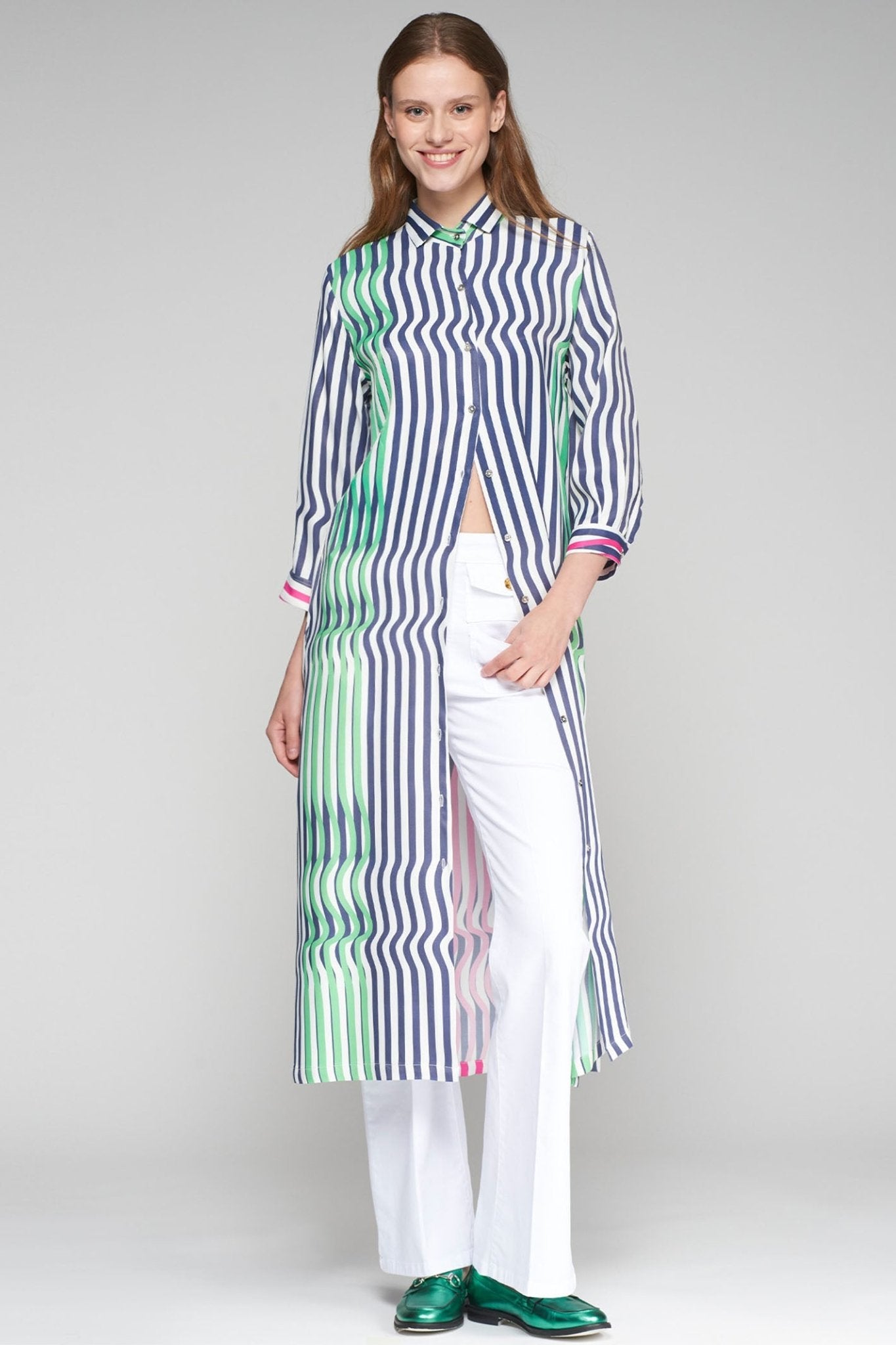 Vilagallo 32339 Navy Green Wave Shirt Dress - Dotique - Vilagallo