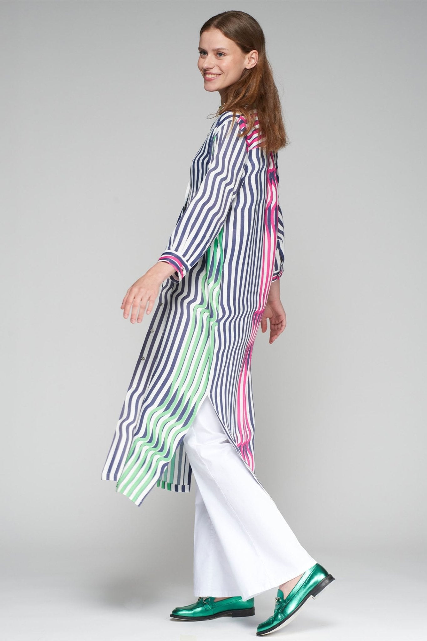 Vilagallo 32339 Navy Green Wave Shirt Dress - Dotique - Vilagallo