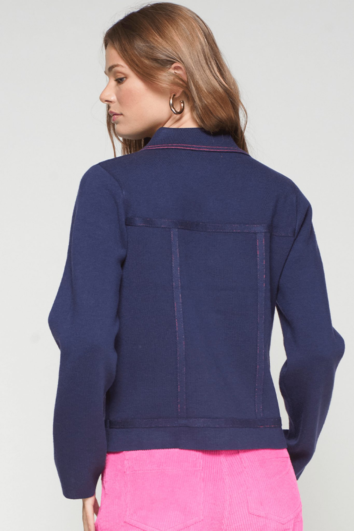 Vilagallo 32764 Navy Contrast Pink Stitch Cardigan Jacket - Dotique - Vilagallo