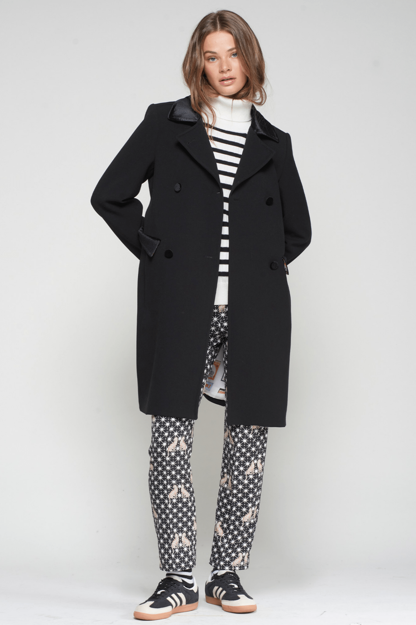 Vilagallo 32864 Black Double Breasted Coat with Satin Lapel - Dotique - Vilagallo
