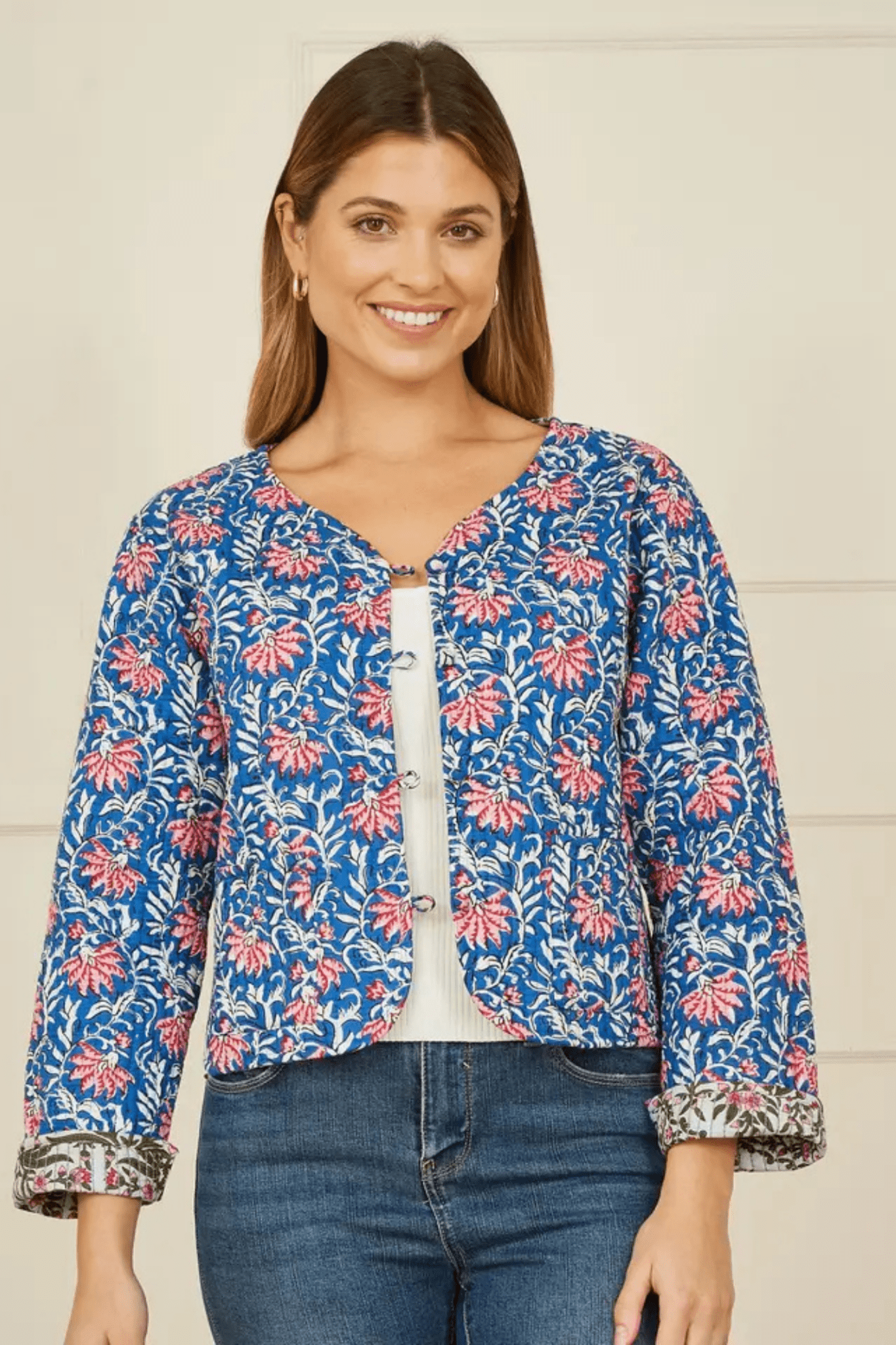 Yumi Blue Floral Reversible Cotton Quilted Jacket