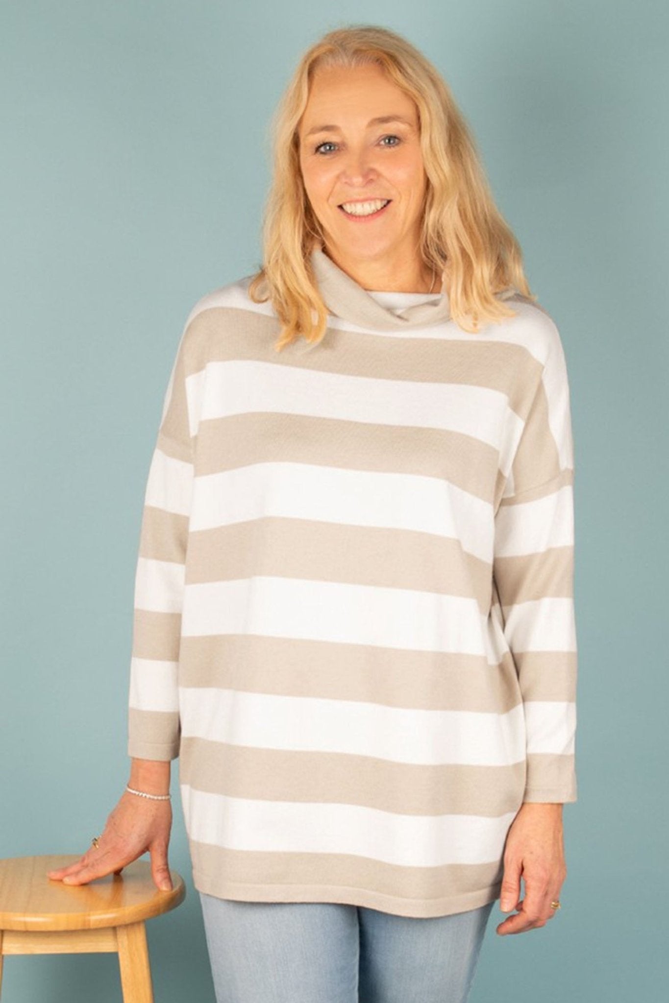 Amazing Woman Stina Beige Marl Cream Roll Neck Stripe Jumper - Dotique - Amazing Woman