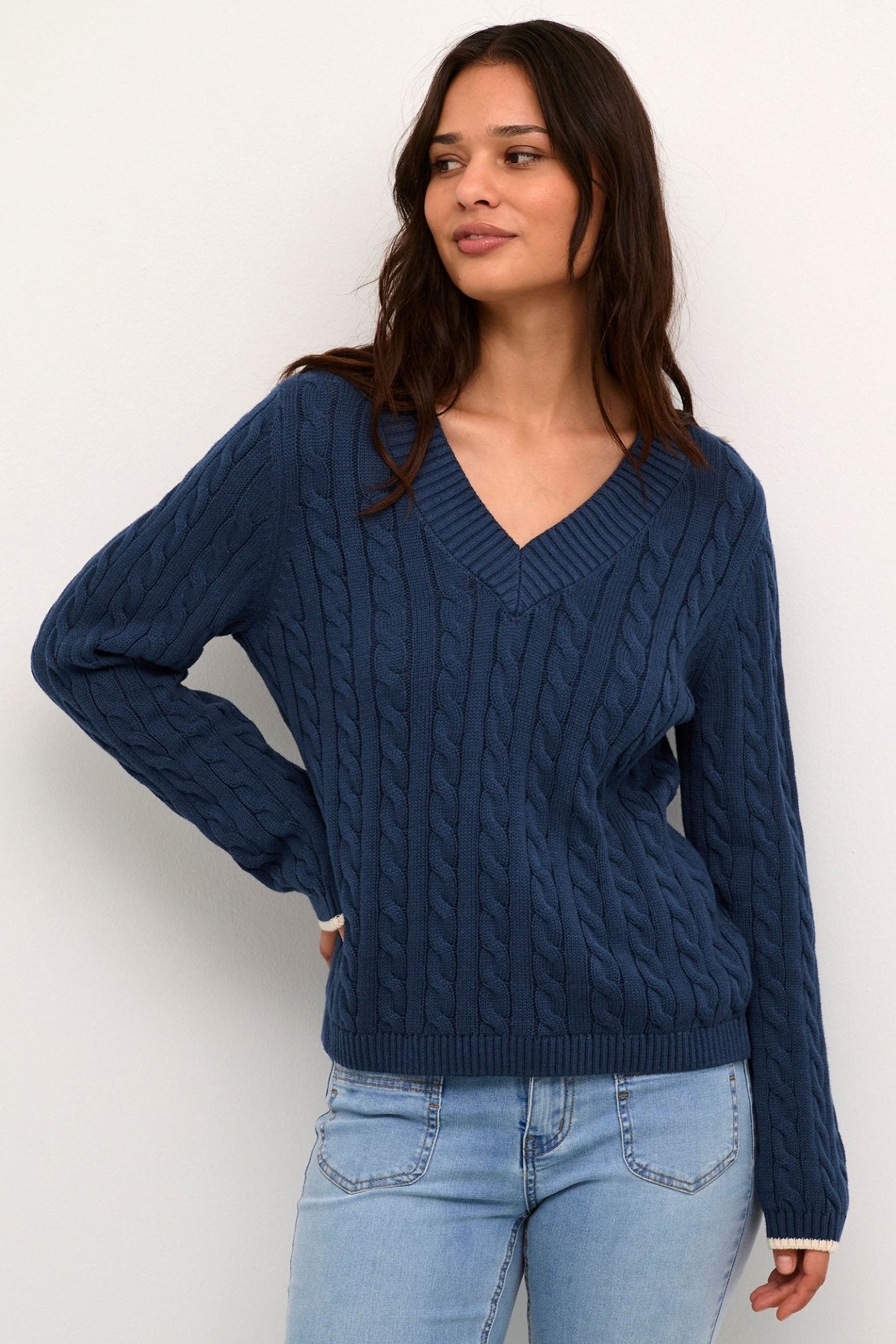 Culture 50110433 CUblenda Dress Blues Cable Knit V-Neck Jumper - Dotique