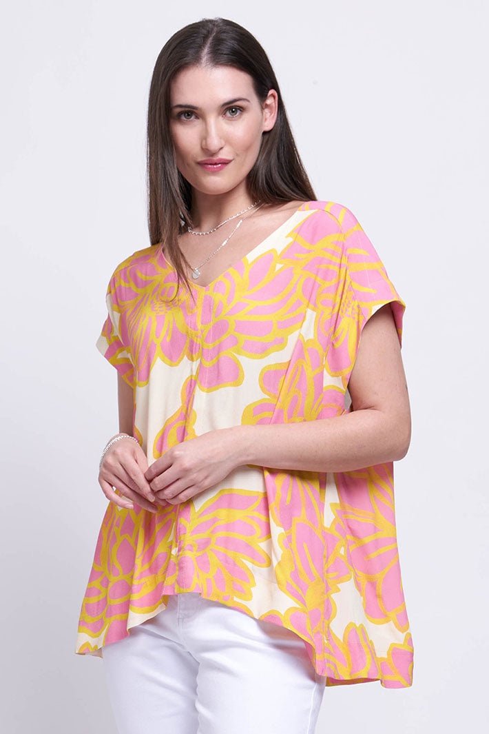 Foil 7345 Full Bloom Pink Floral Print V-Neck Top - Dotique
