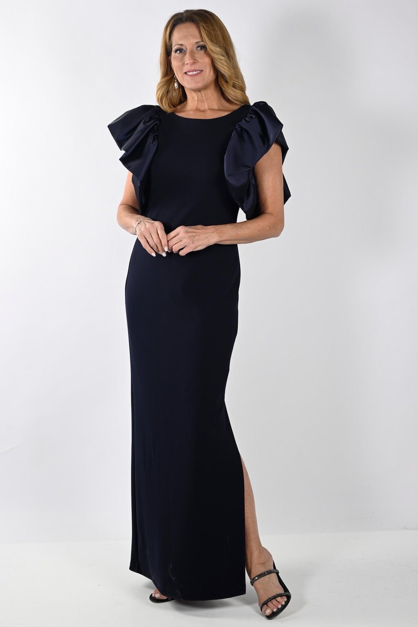 Frank Lyman 239151 Navy Ruffle Shoulder Evening Dress 12 / Navy Frank Lyman 239151 Navy Ruffle Shoulder Evening Dress 12 / Navy