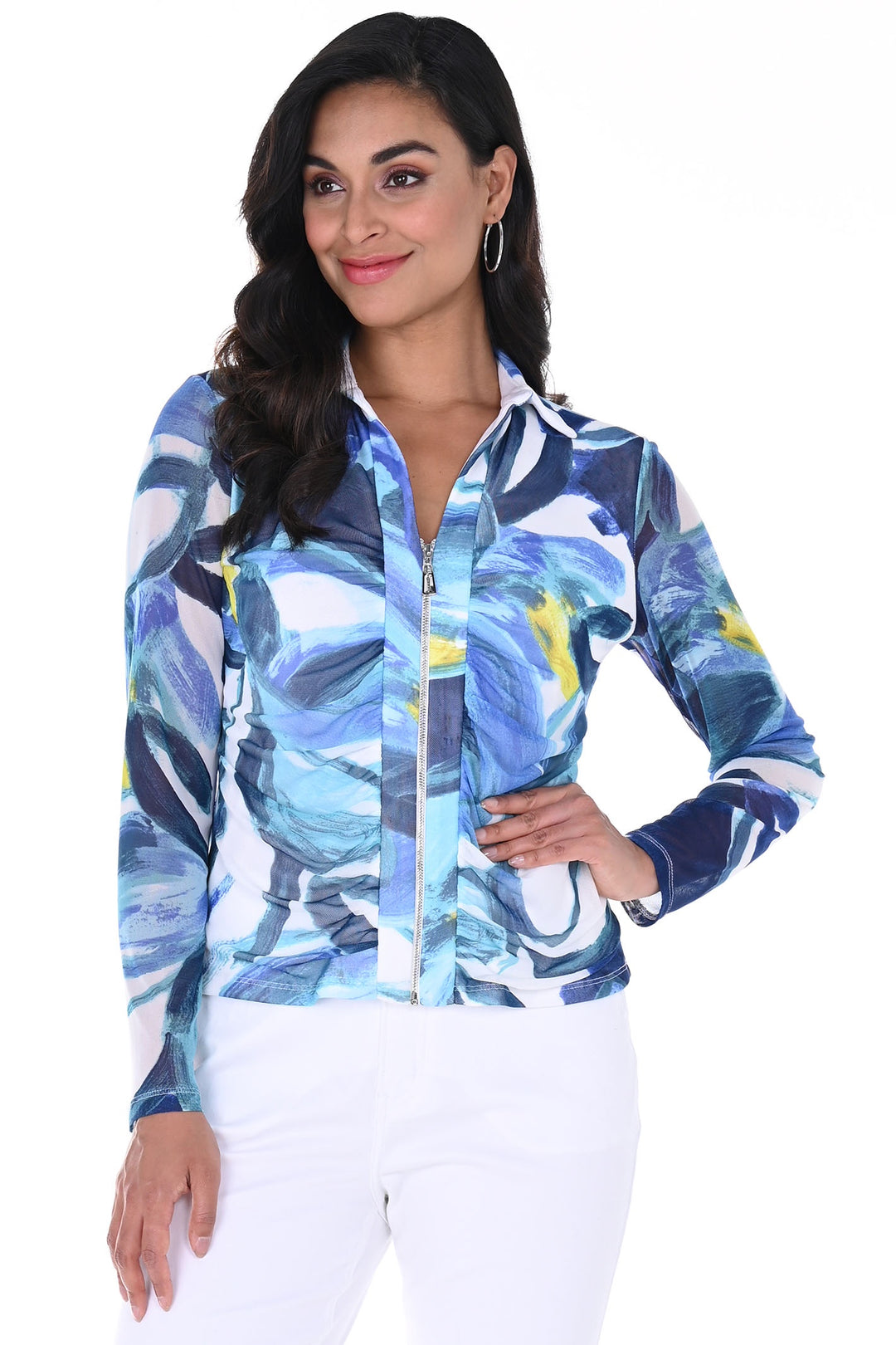 Frank Lyman 246397 Royal Blue White Print Zip Front Jacket - Dotique