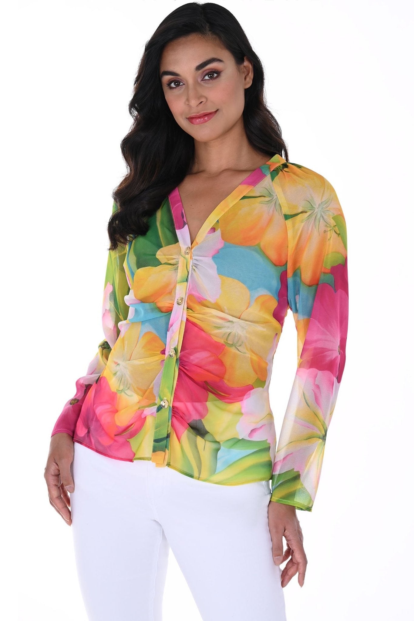 Frank Lyman 246483 Fuschsia Green Floral Print Chiffon Blouse - Dotique