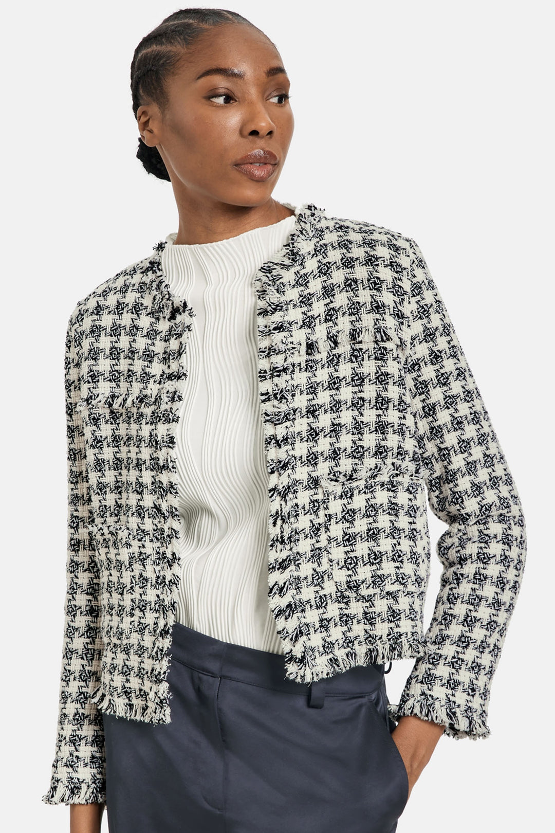 Gerry Weber 330002-31330 Cream Black Tweed Style Open Front Jacket - Dotique Chesterfield