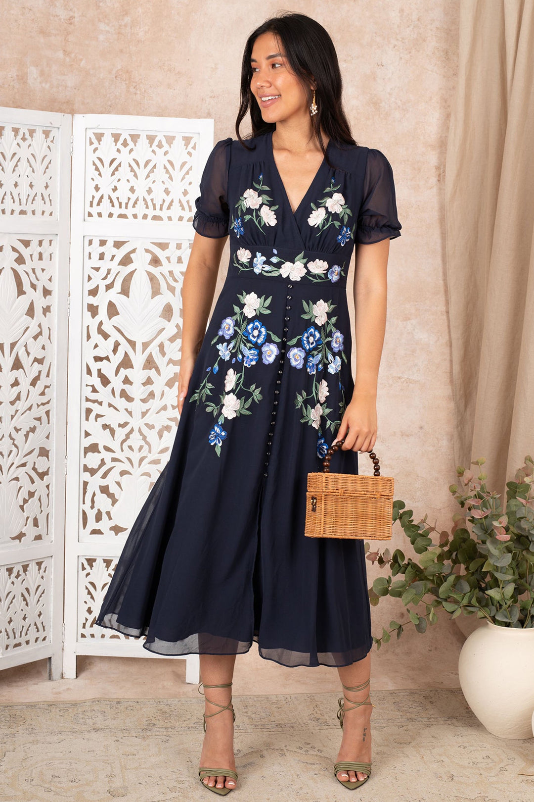 Hope & Ivy The Ariana Embroidered Puff Sleeve Front Button Midi Dress - Dotique