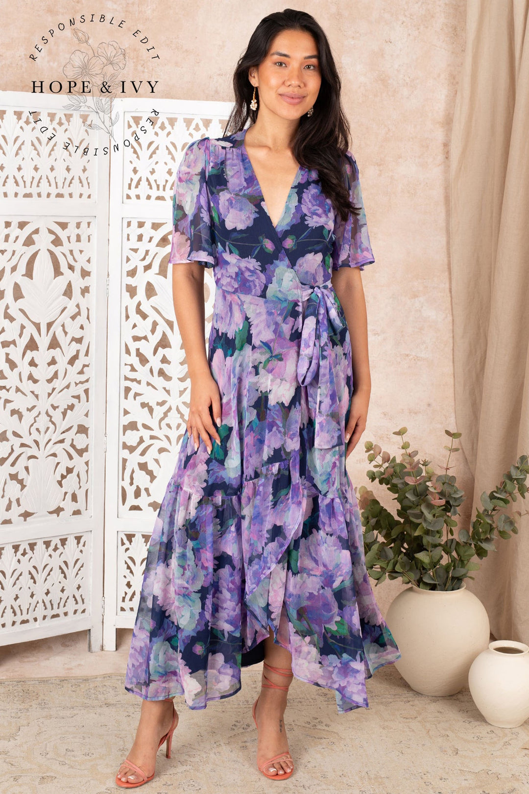 Hope and Ivy The Adele Flutter Sleeve Maxi Wrap Dress with Tie Waist - Dotique