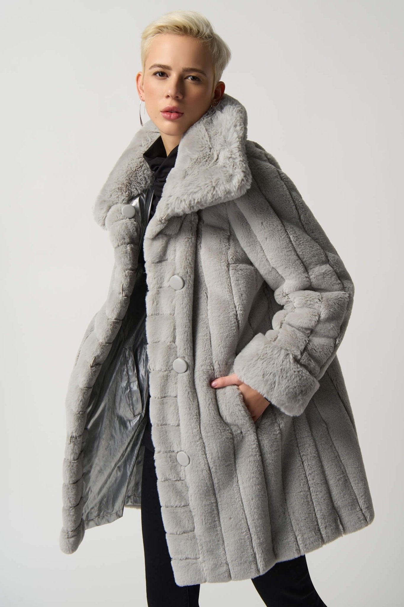 Joseph Ribkoff 233900 Reversible Faux Fur Silver Coat - Dotique