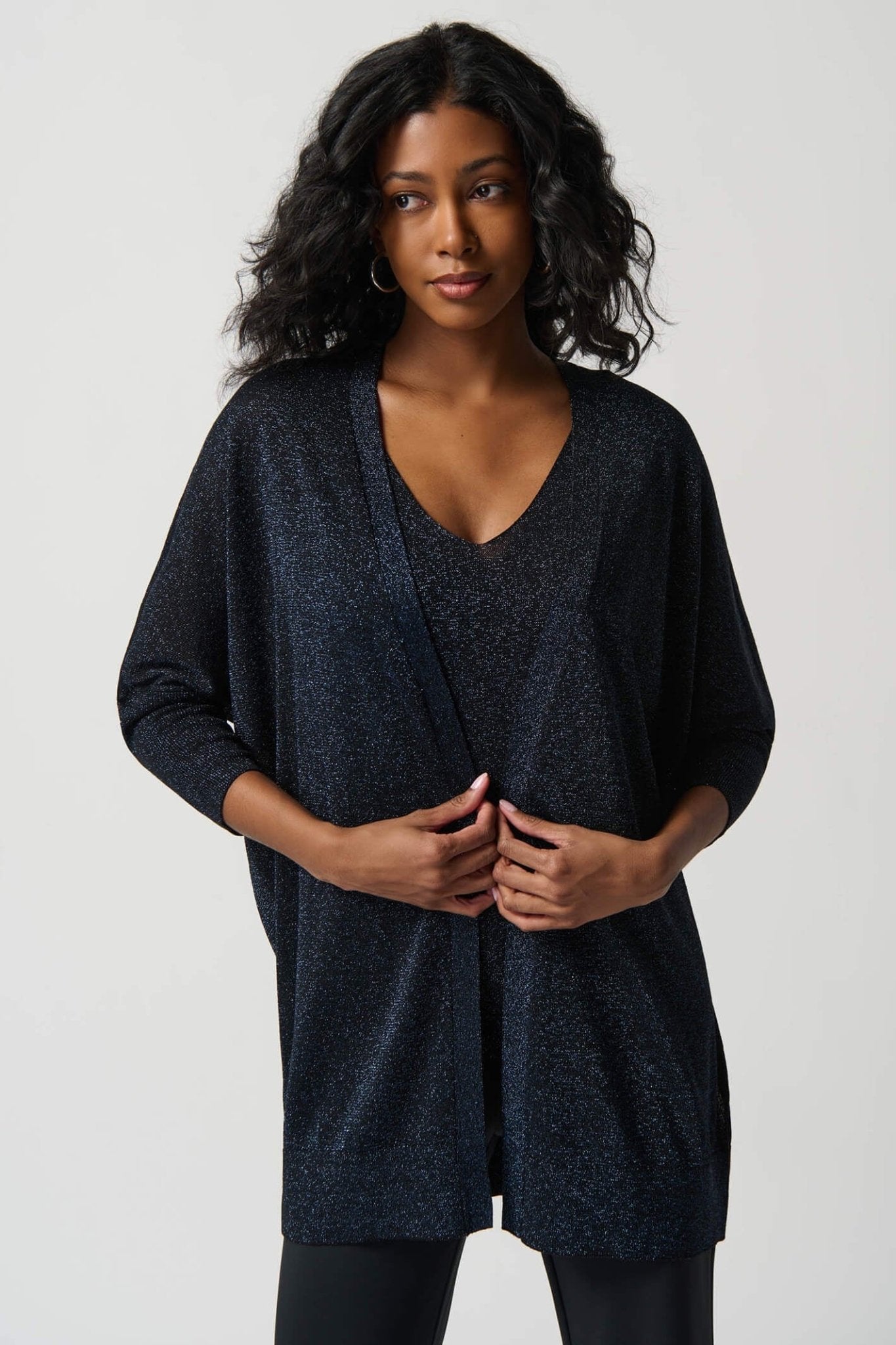 Joseph Ribkoff 234915 Black Blue Cardigan Vest Lurex Knit Twin Set