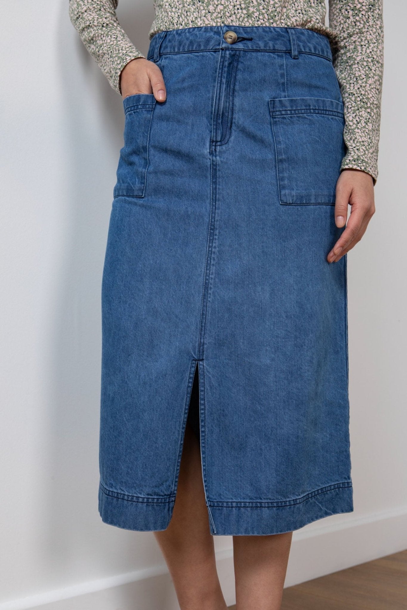 Lily & Me LB003 Penrose Blue Denim Midi Skirt - Dotique