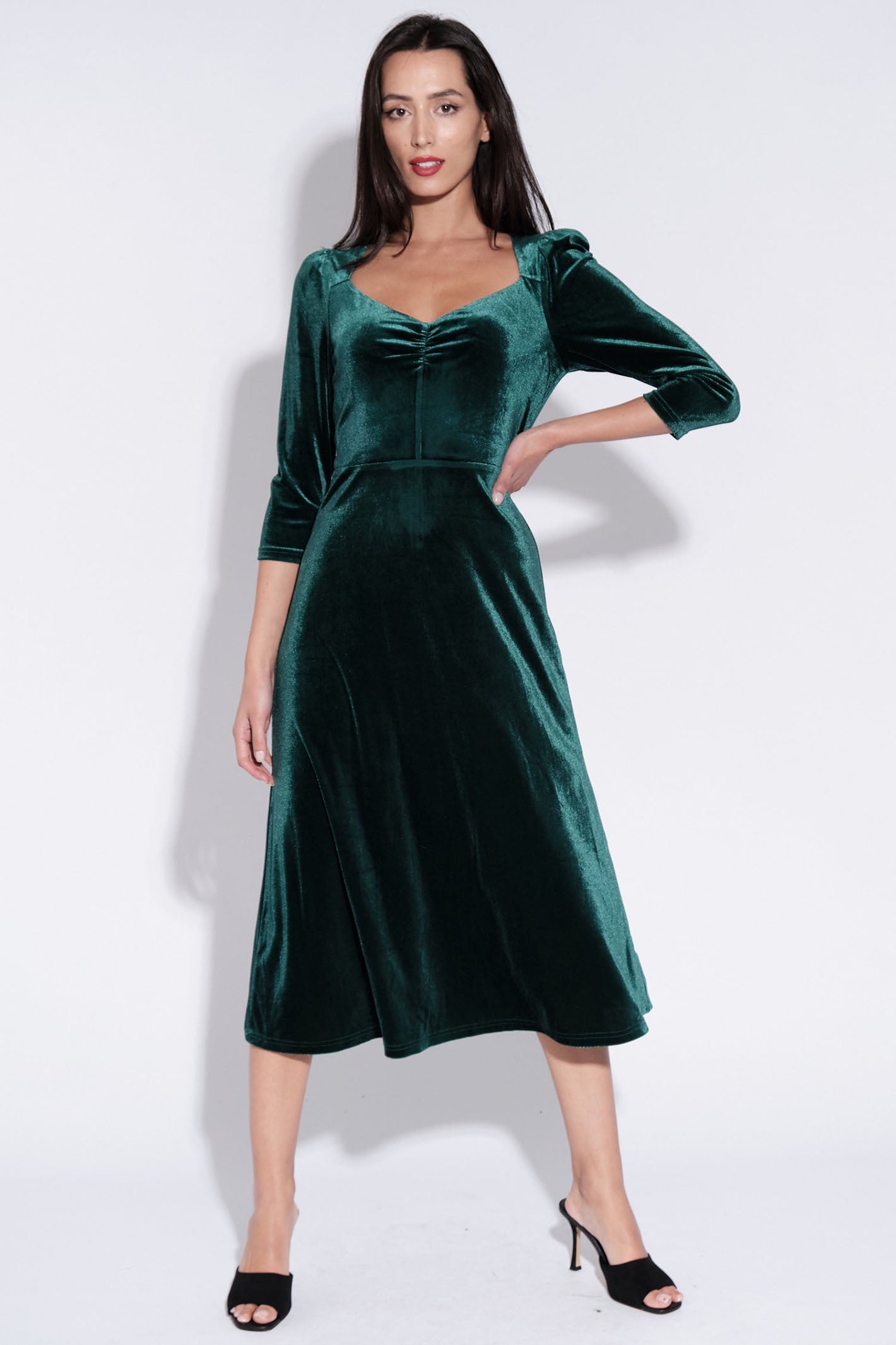 Louche Ambrose Green Velvet V Neck Puff Shoulder Midi Dress Dotique