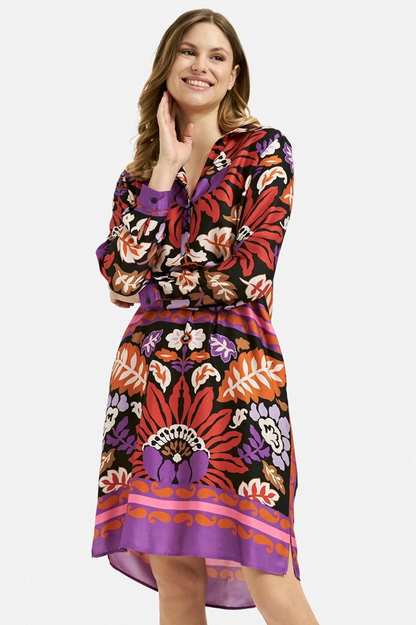 Milano 33-6130-5046 Black Floral Print Half Placket Shirt Dress - Dotique