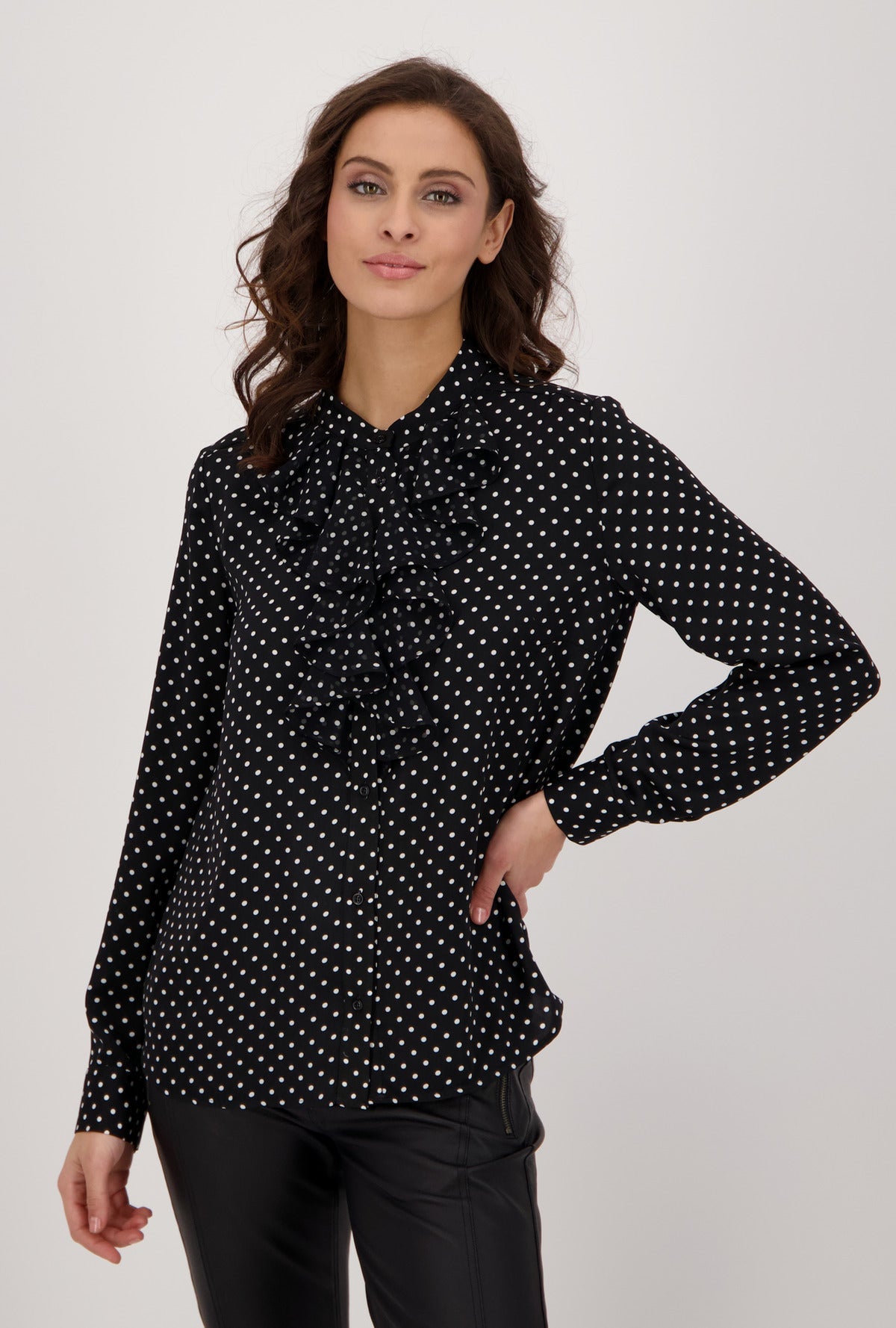 Monari 405881 Black Polka Dot Filly Blouse Front Model | Dotique