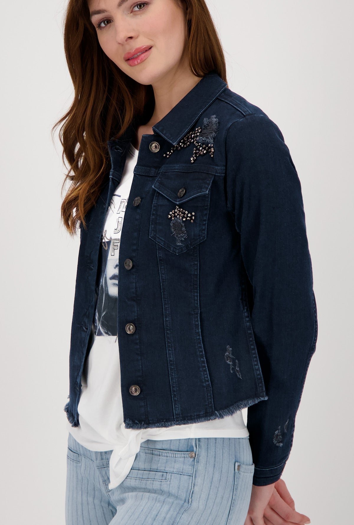 Monari 406503 Dark Denim Jacket With Rhinestones Lifestyle 1 | Dotique