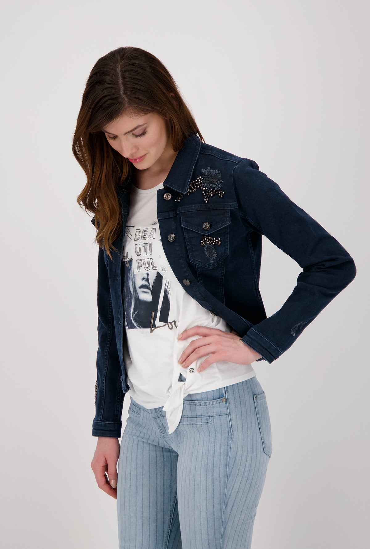Monari 406503 Dark Denim Jacket With Rhinestones Lifestyle 2 | Dotique