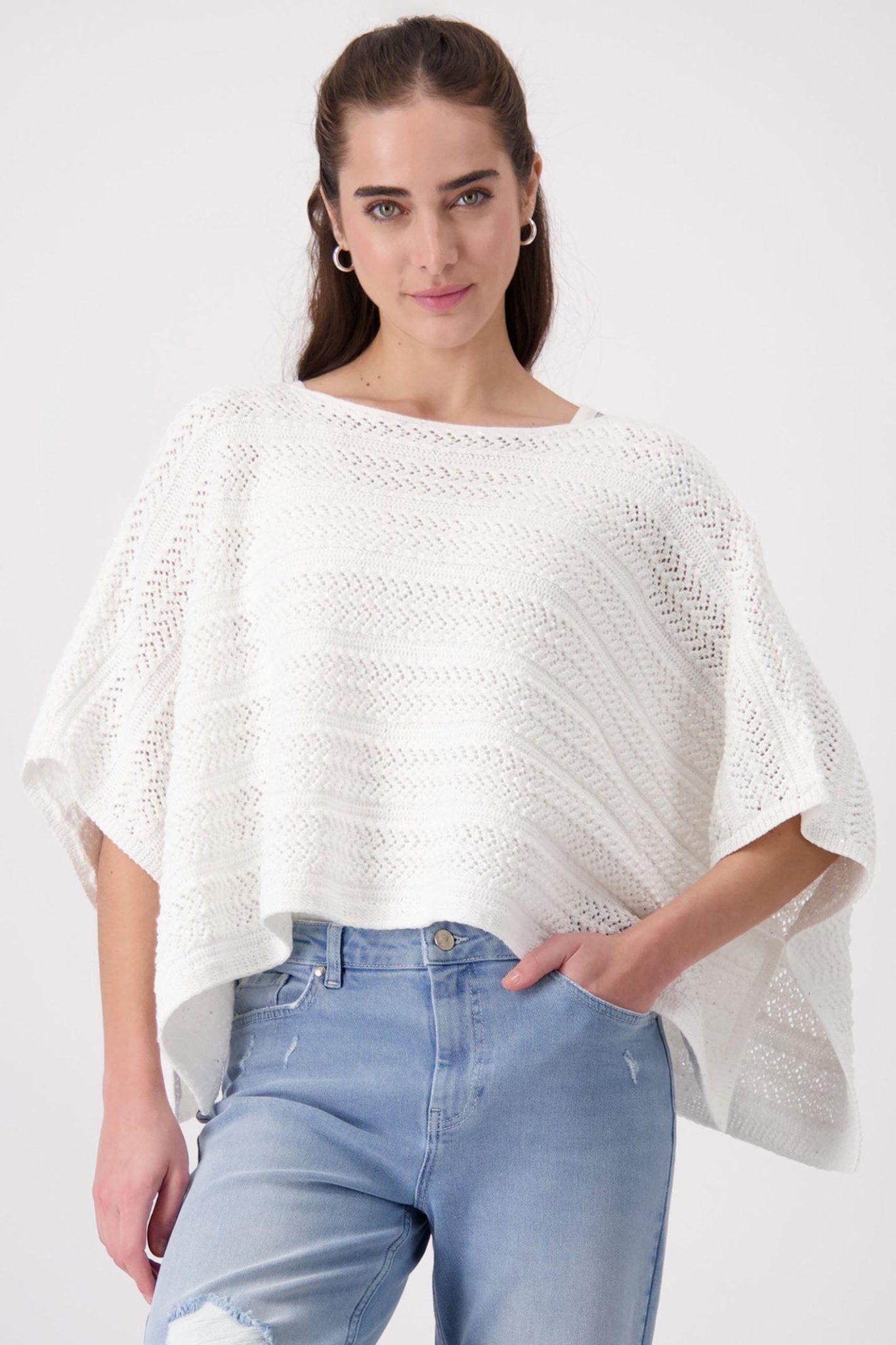 Monari 408427 Off White Crochet Knit Poncho Jumper - Dotique
