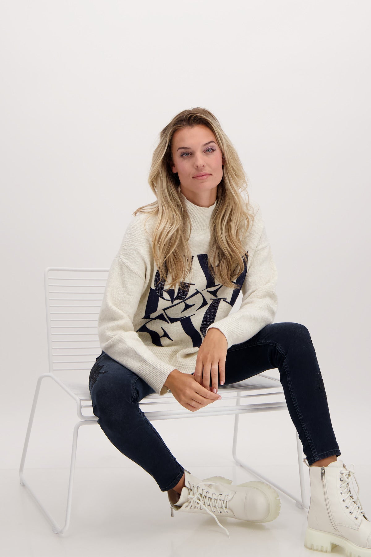 Monari 806580 Concrete Melange Stand Up Collar Jumper Front | Dotique