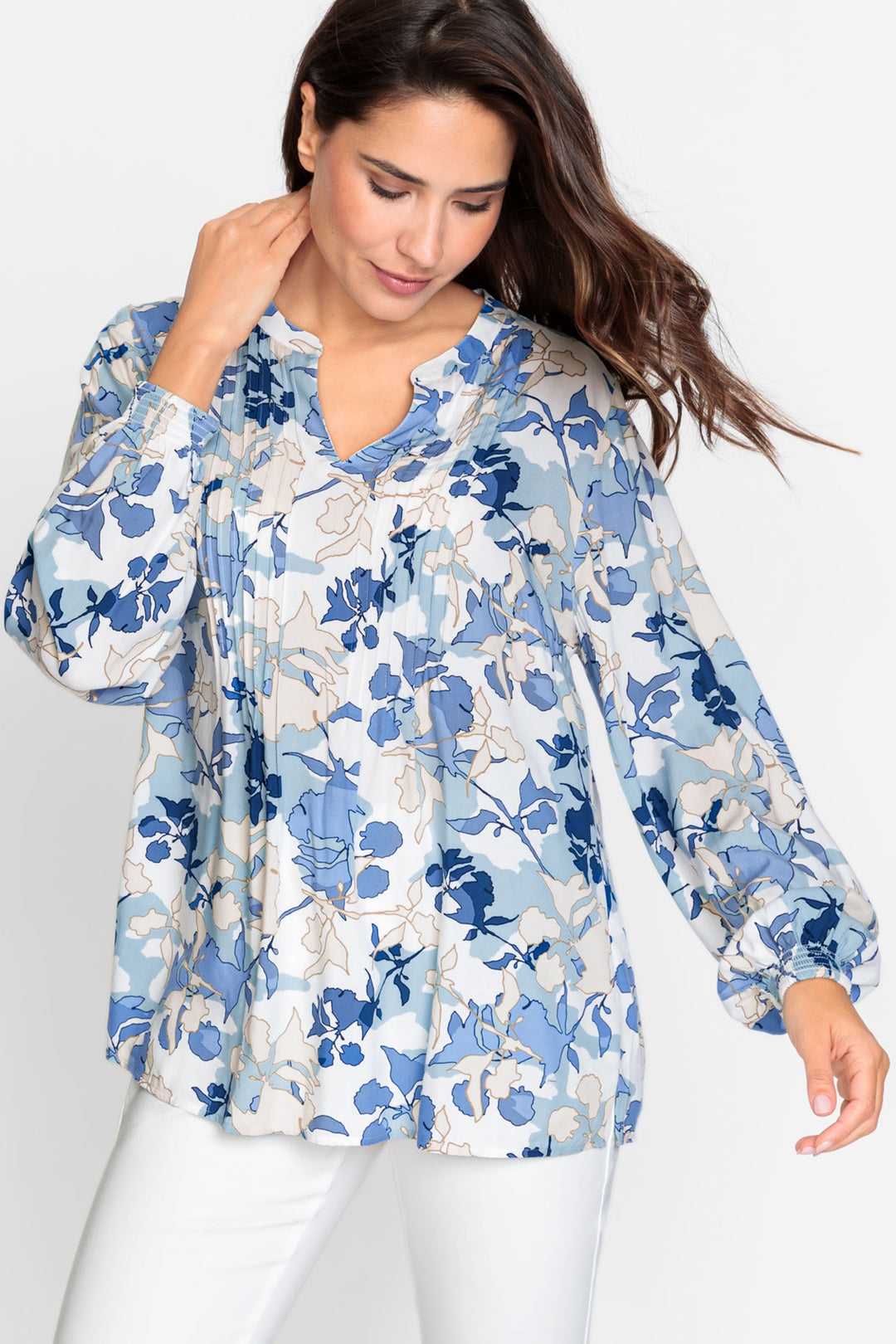 Olsen 12001861 Ciel Blue Abstract Floral Print Long Sleeve Smock Top - Dotique Chesterfield