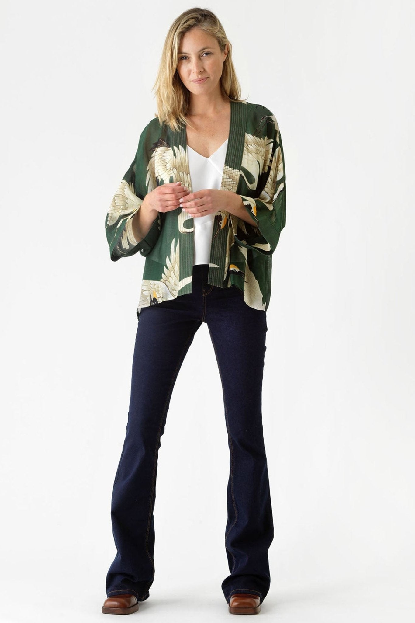 One Hundred Stars Stork Forest Green Kimono - Dotique