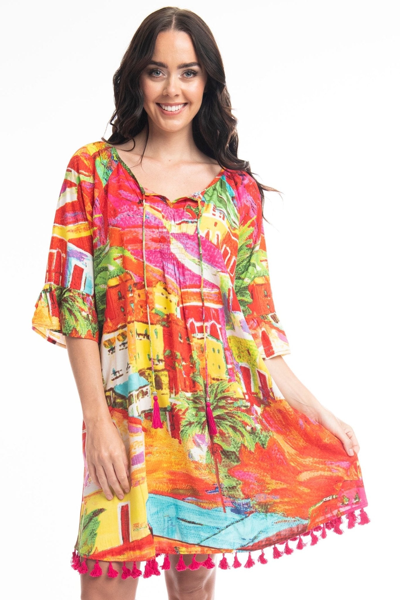 Orientique Aiya Napa 3077 Orange Print Tassle Hem Dress - Dotique