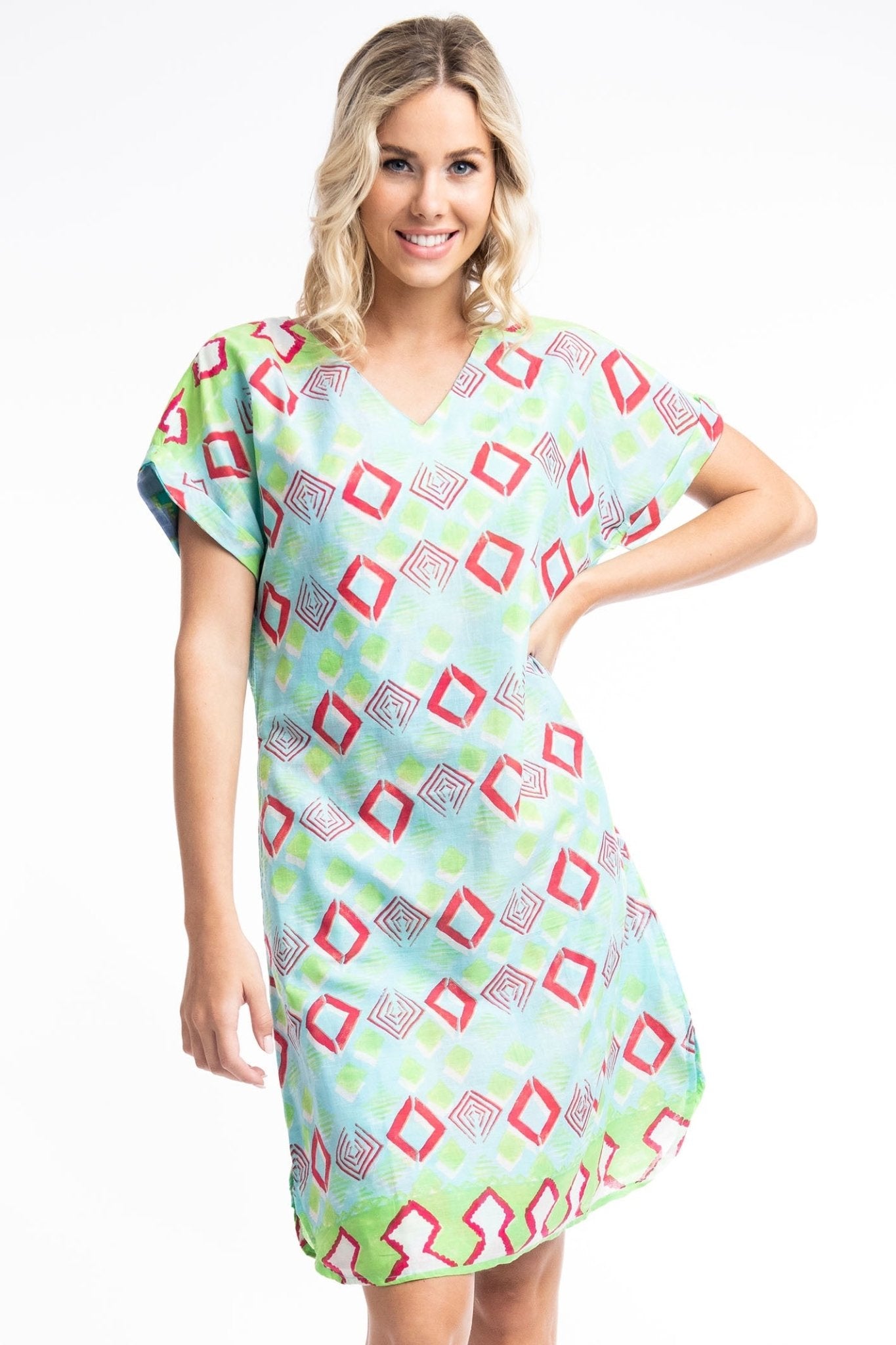 Orientique Zio 41009 Turquoise Print Reversible Short Sleeve Dress - Dotique