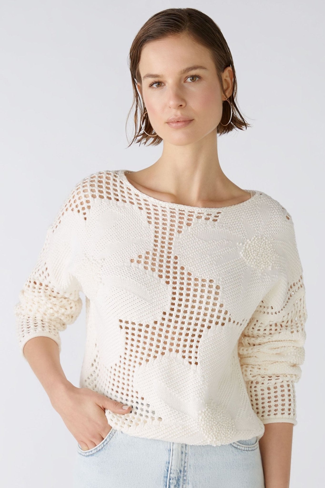 Oui 86664 Gardenia Cream Mesh Knit Jumper - Dotique