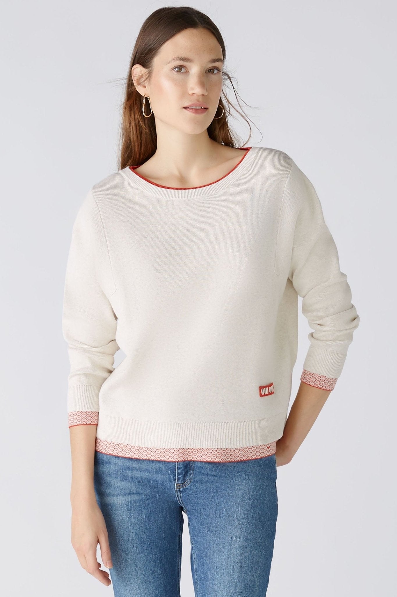 Oui 86667 White Red Wide Neck Heart Hem Jumper - Dotique