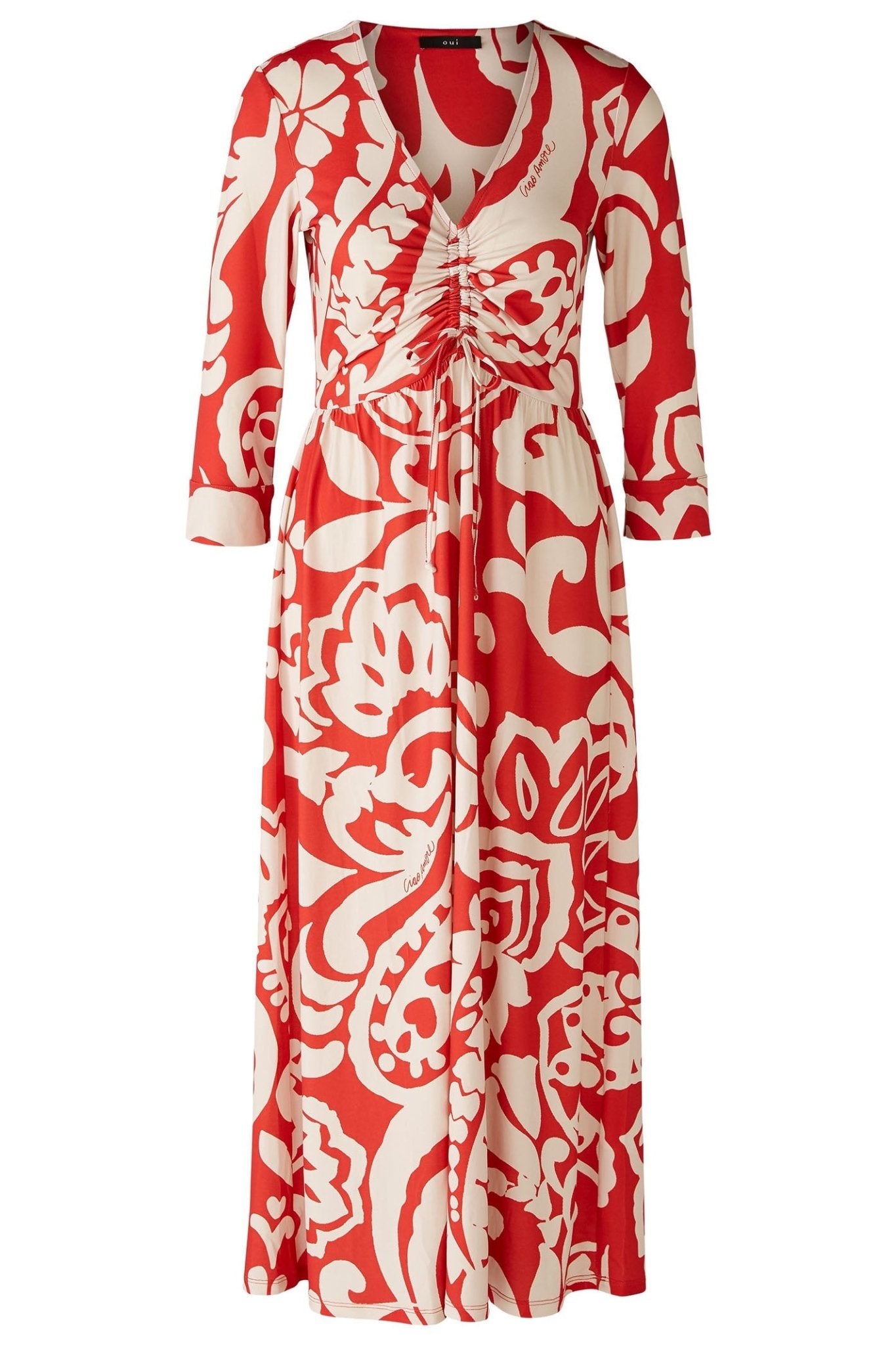 Oui 86701 Red White Floral Print Gathered Bust Dress - Dotique