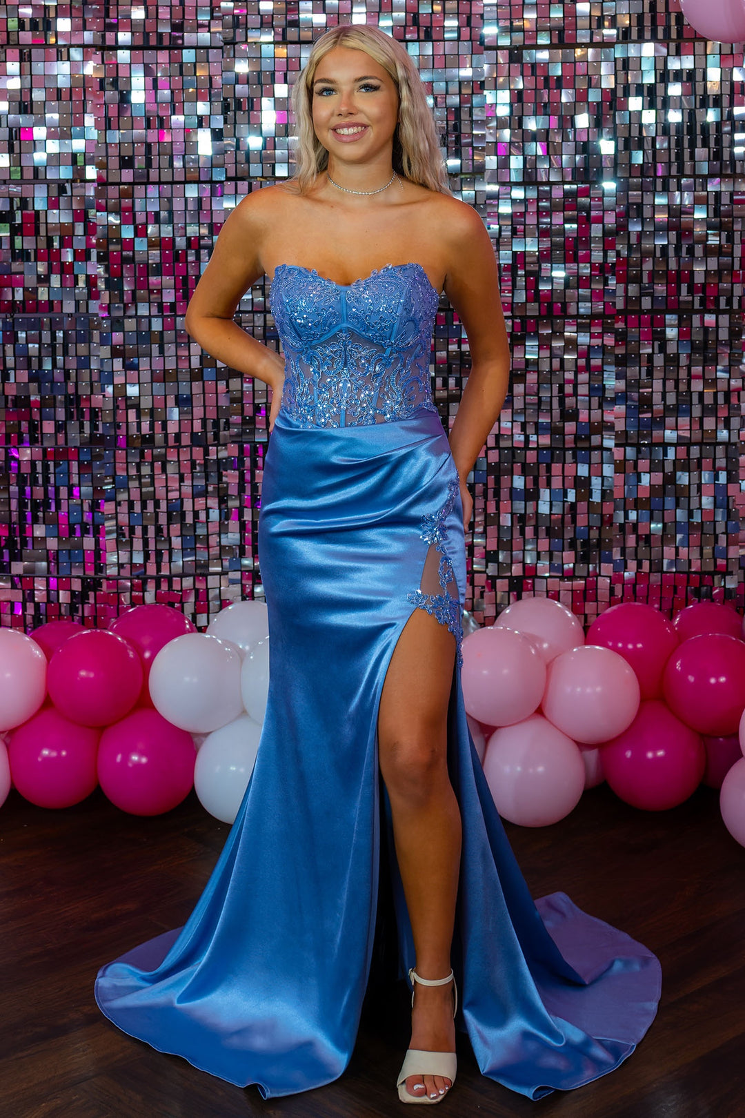 Prom Frocks PF1029 Smokey Blue Strapless Lace Back Prom Dress - Dotique Chesterfield