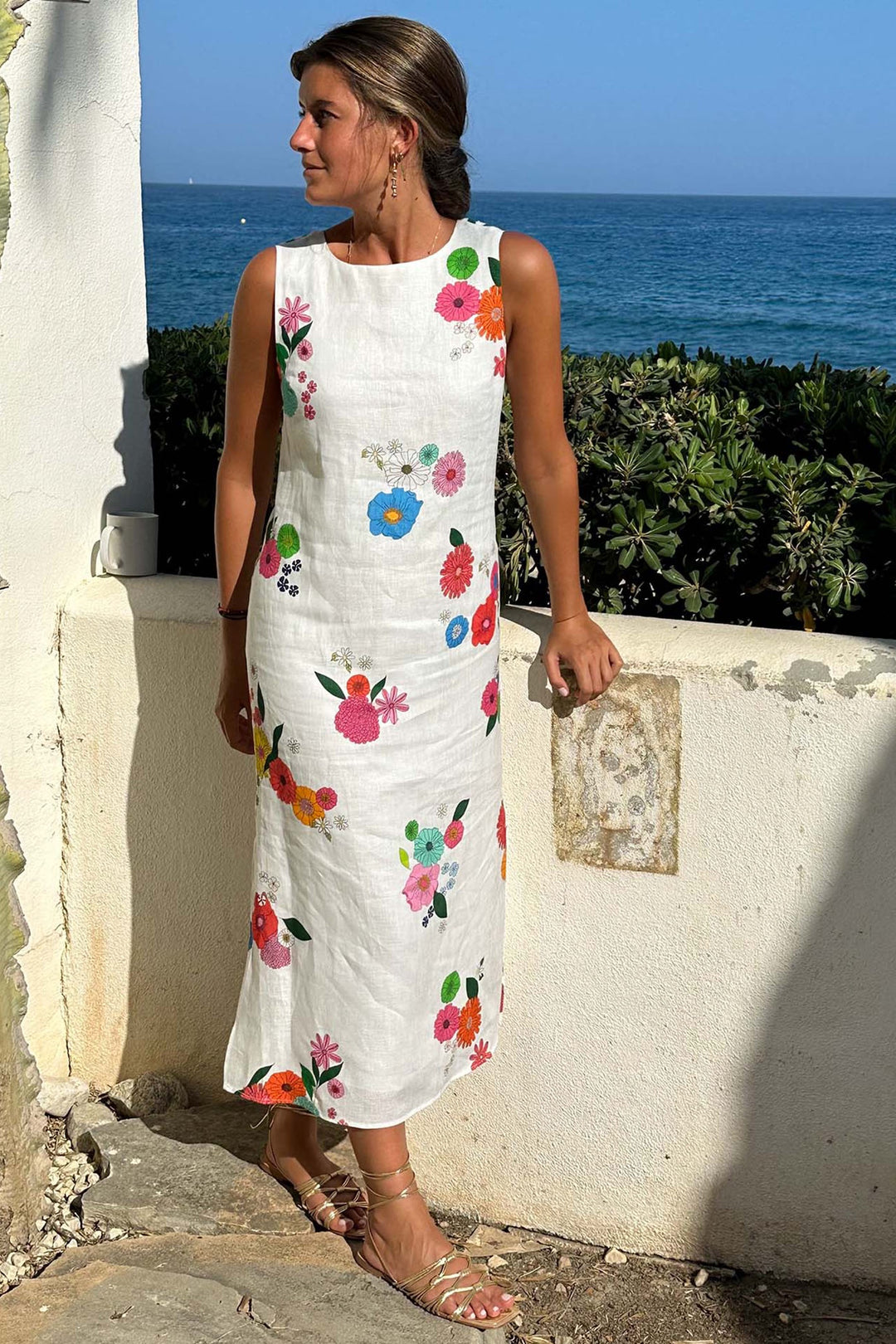 Vilagallo 31234 White Liana Flower Print Linen Dress - Dotique