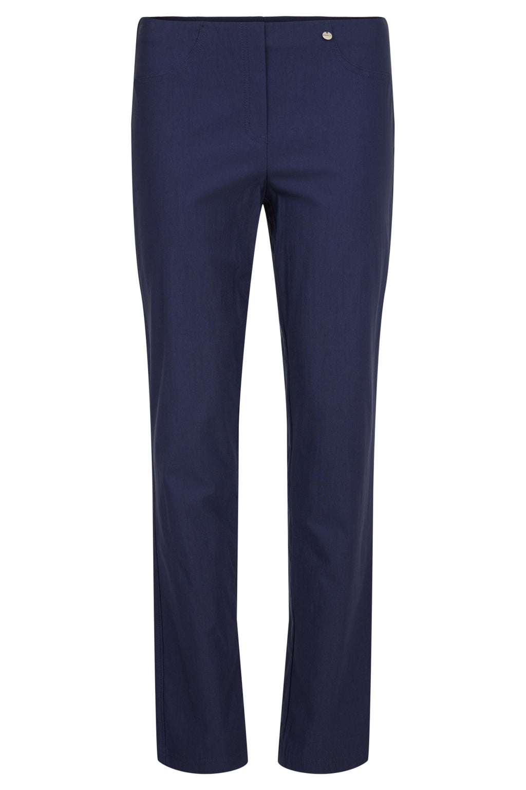 Robell Bella navy pull-on winter trousers with slim fit, fleece lining, elasticated waistband and 78cm inside leg.