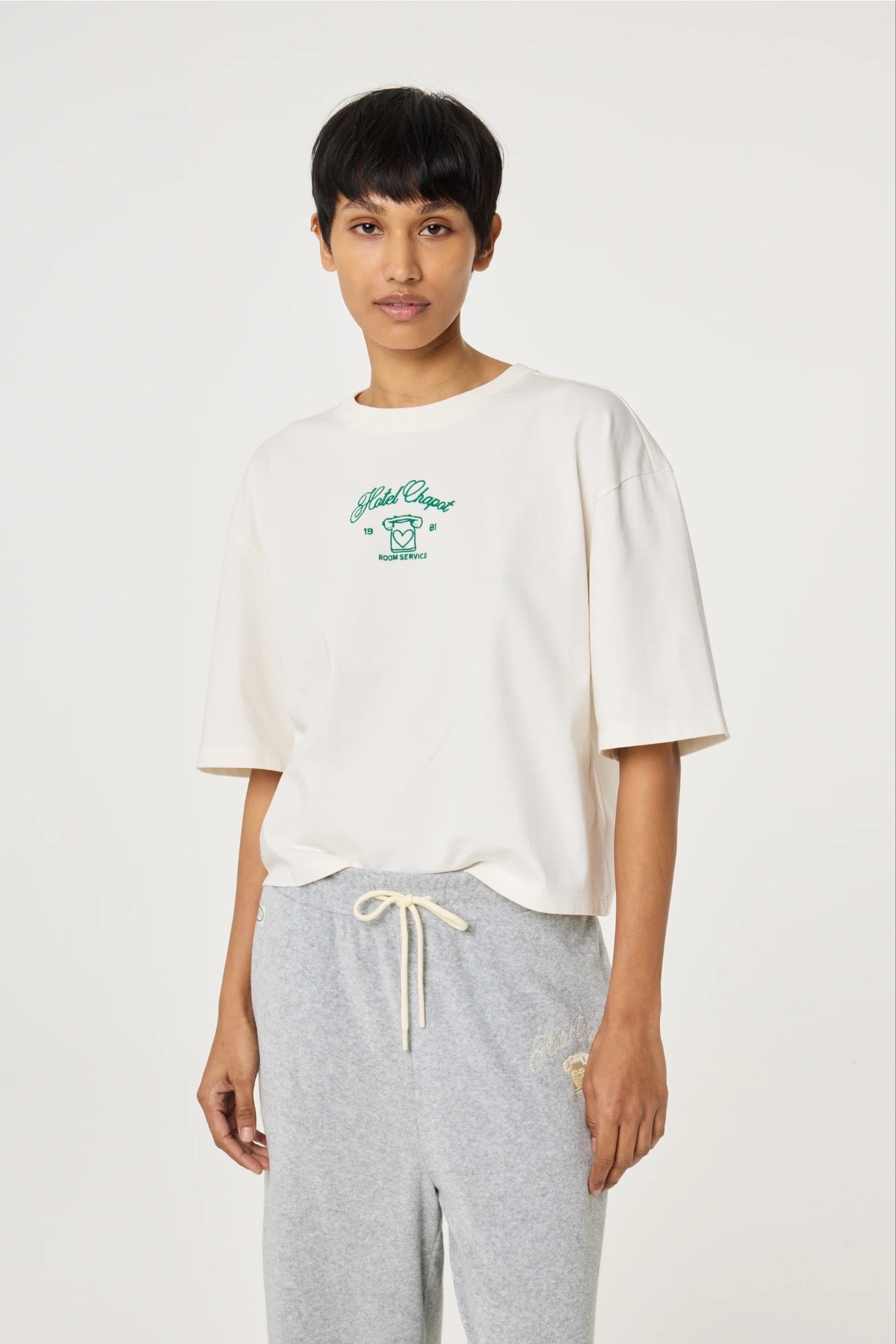 Model wearing Fabienne Chapot Benja T-shirt Cosy White/Green by Fabienne Chapot, shop Fabienne Chapot at Dotique
