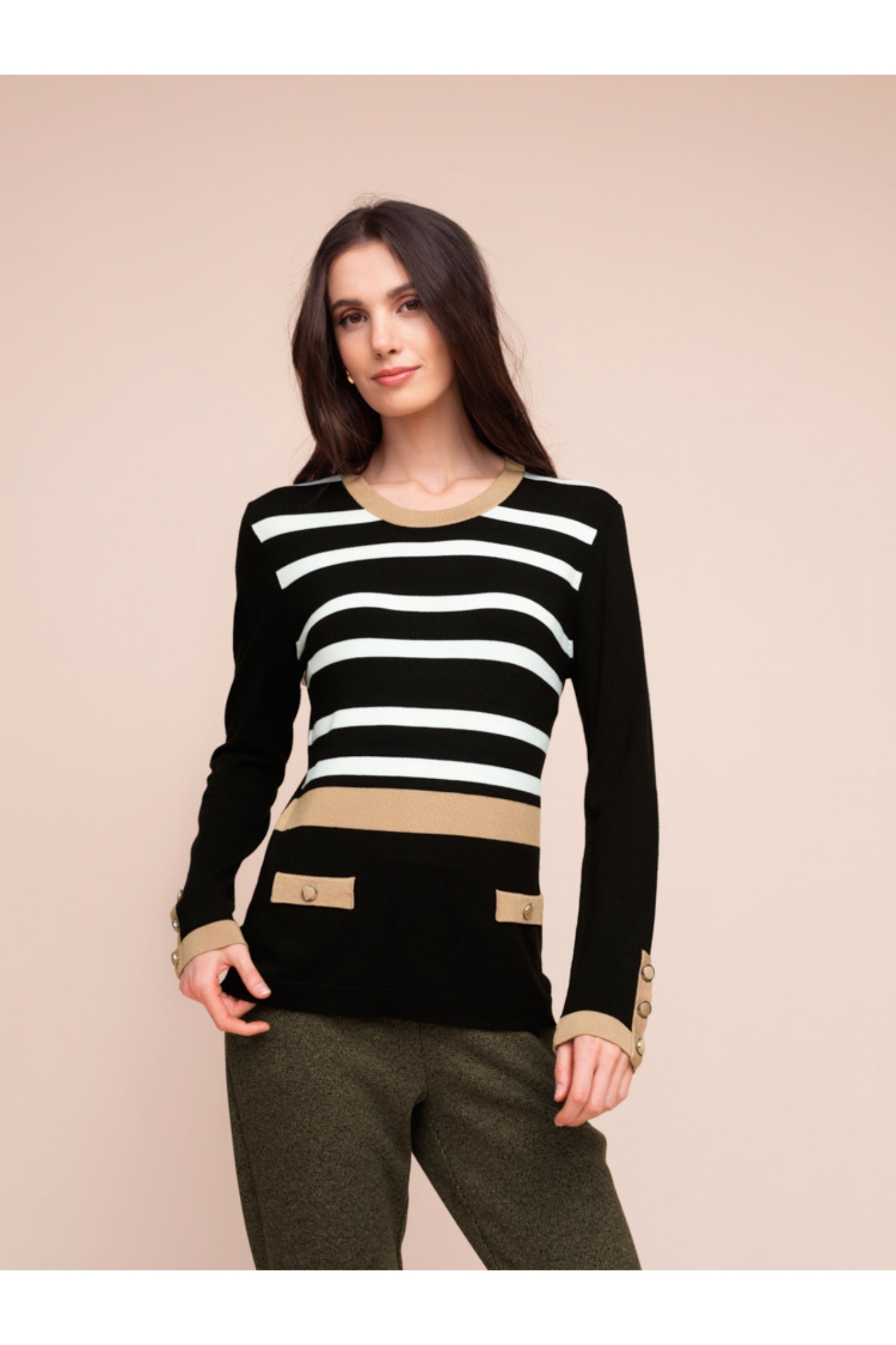 Alison Sheri A48049 Camel Combo Stripe Knit Top
