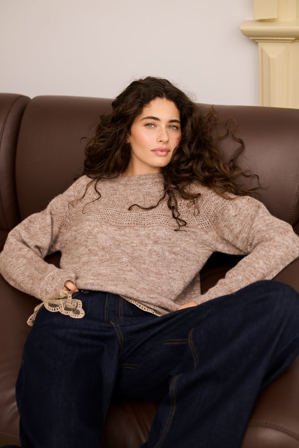 Cream 10615297 CRJunah Pointelle Jumper Dark Oat Melange