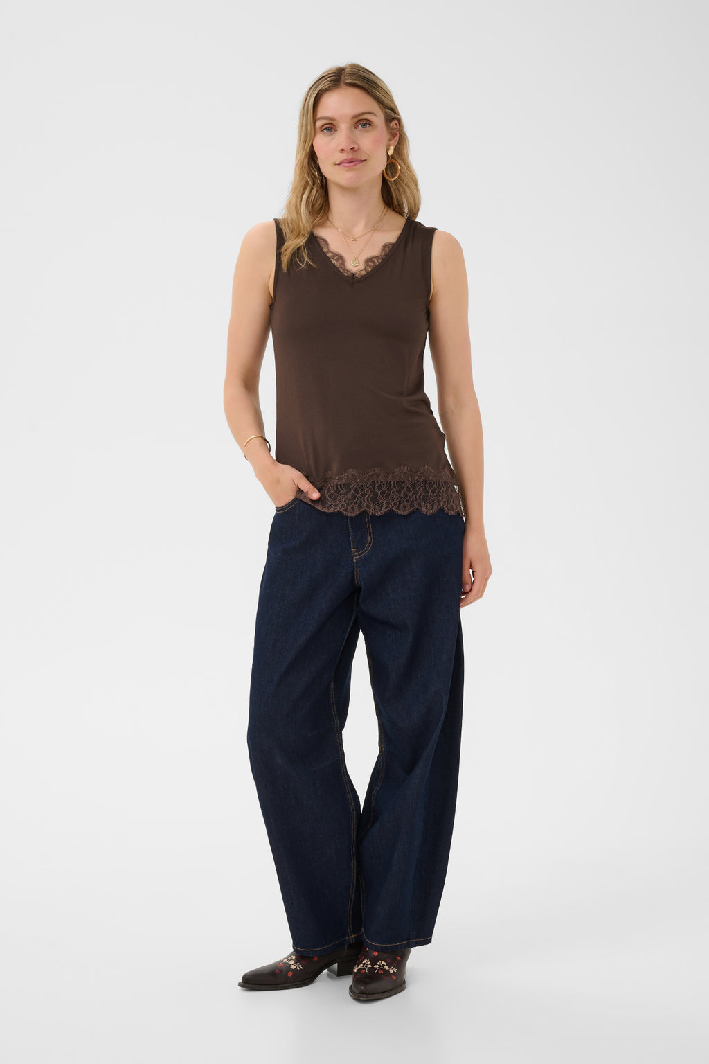 Cream 10615546 CrAlvaia Jersey Lace Top Java