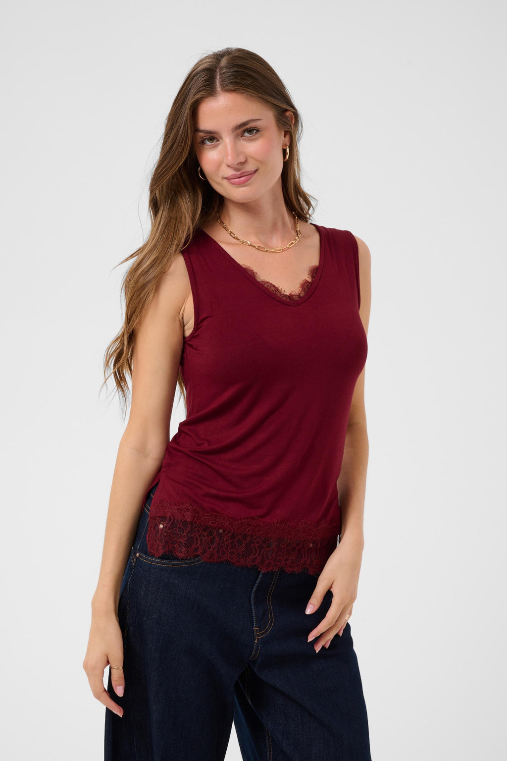 Cream 10615546 CrAlvaia Jersey Lace Top Cabernet