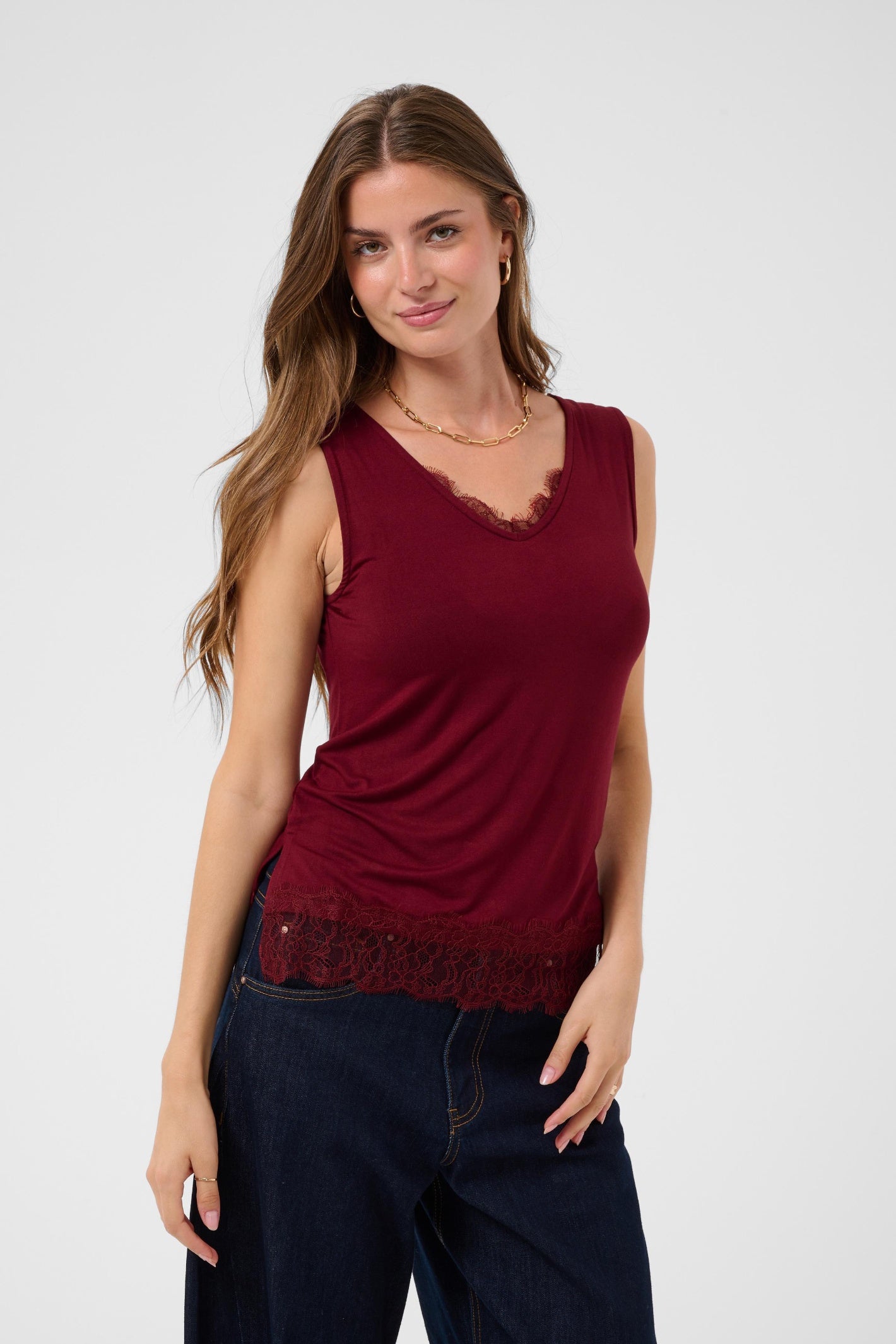 Cream 10615546 CrAlvaia Jersey Lace Top Cabernet