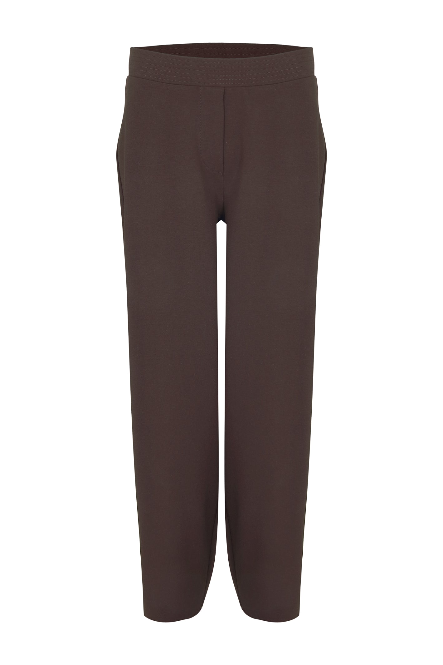 Shop the Margittes Barrel Joggers in Chocolate Brown at Dotique. Soft cotton-modal joggers with a modern barrel-leg silhouette and comfortable stretch fit, perfect for everyday wear.