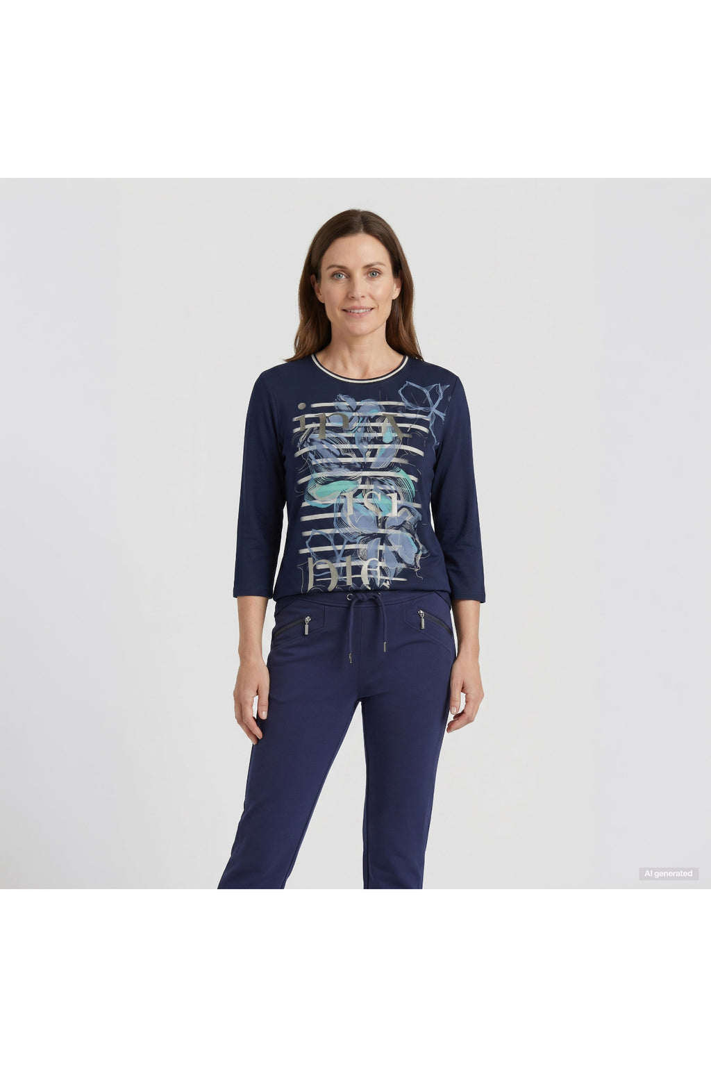 Woman wearing a navy graphic top and matching drawstring pants