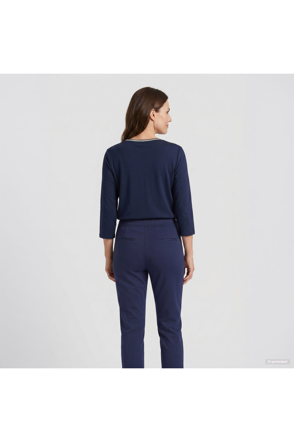 Woman viewed from behind wearing a navy long-sleeve top and matching trousers against a light gray background